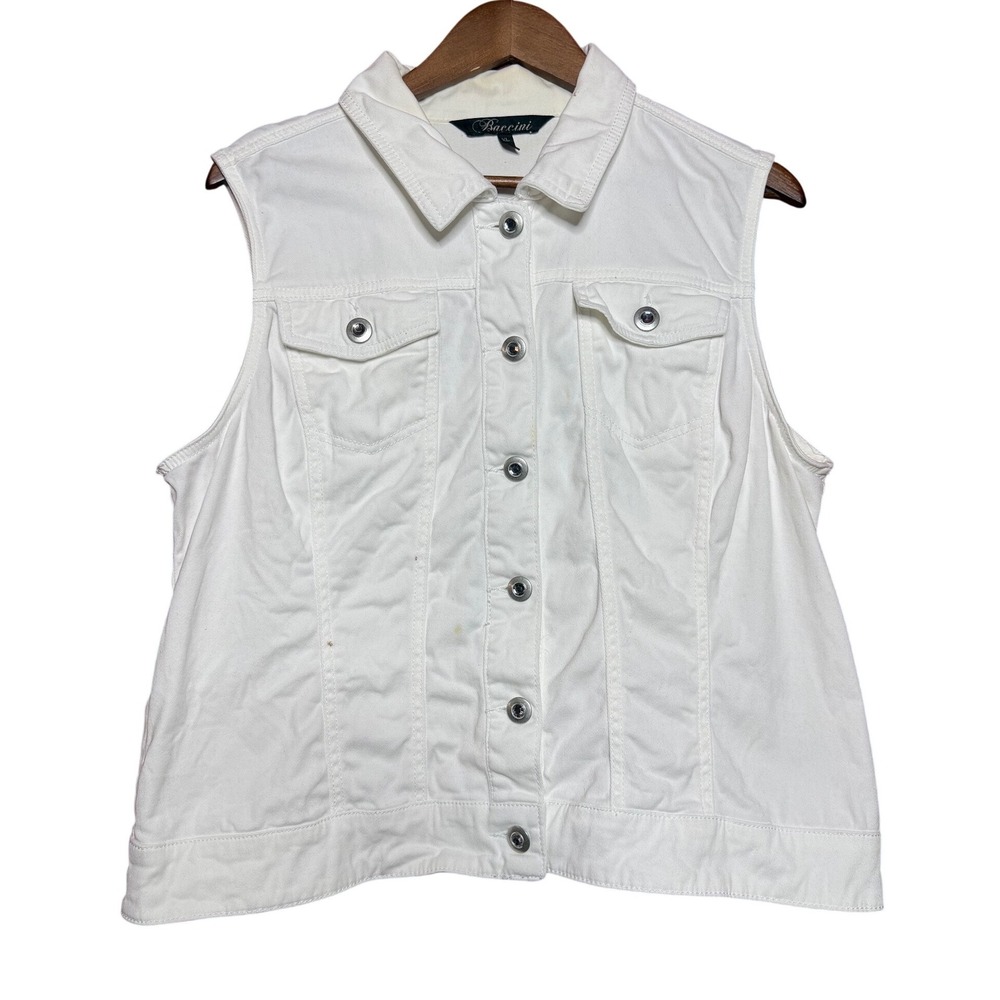 Baccini Women XL Cream Denim Vest Sleeveless Button Up‎ Jacket Off White Size XL